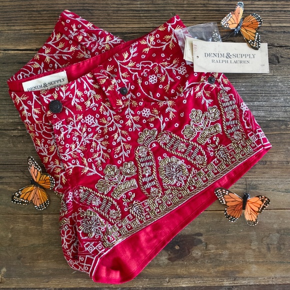 Denim & Supply Ralph Lauren Pants - DENIM & SUPPLY RED EMBROIDERED SHORTS NWT
